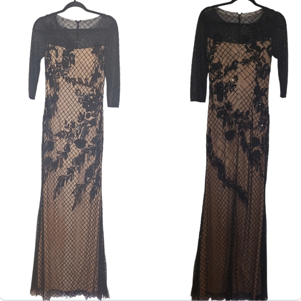 Elegant Black Lace Overlay Long Sleeve Evening Dress - Picture 3 of 13